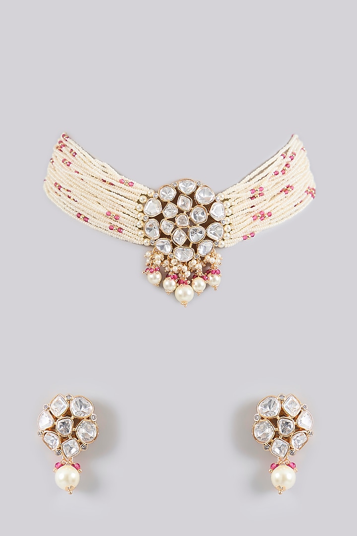 Gold Finish Red Kundan Polki & Pearl Choker Necklace Set by Zevar By Geeta at Pernia's Pop Up Shop