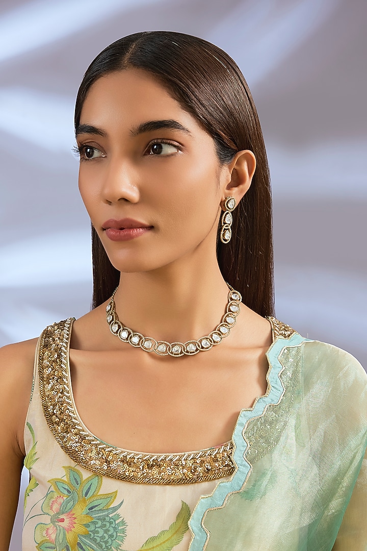 Two-Tone Rhodium Finish Kundan Polki Necklace Set by Zevar By Geeta at Pernia's Pop Up Shop
