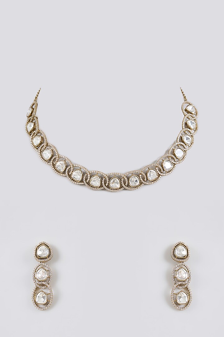 Two-Tone Rhodium Finish Kundan Polki Necklace Set by Zevar By Geeta at Pernia's Pop Up Shop