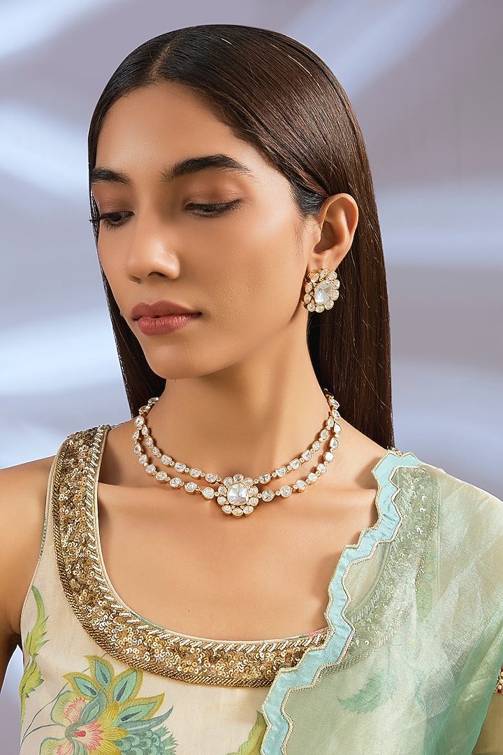 Gold Finish Kundan Polki Necklace Set by Zevar By Geeta at Pernia's Pop Up Shop