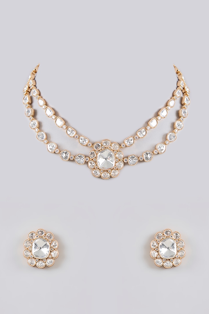 Gold Finish Kundan Polki Necklace Set by Zevar By Geeta at Pernia's Pop Up Shop