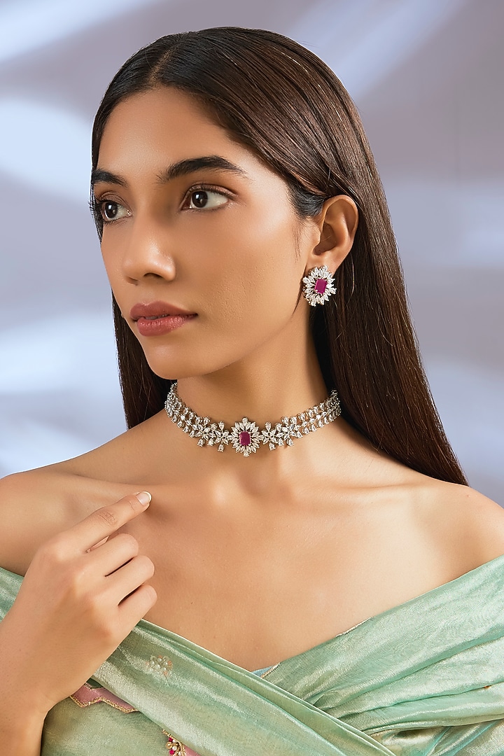 White Finish Diamond & Pink Stone Choker Necklace Set by Zevar By Geeta at Pernia's Pop Up Shop