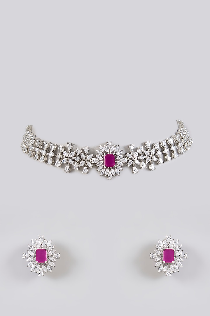 White Finish Diamond & Pink Stone Choker Necklace Set by Zevar By Geeta at Pernia's Pop Up Shop