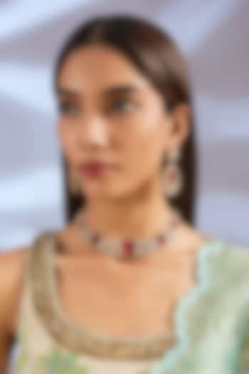 Gold Finish Kundan Polki & Red Stone Necklace Set by Zevar By Geeta at Pernia's Pop Up Shop