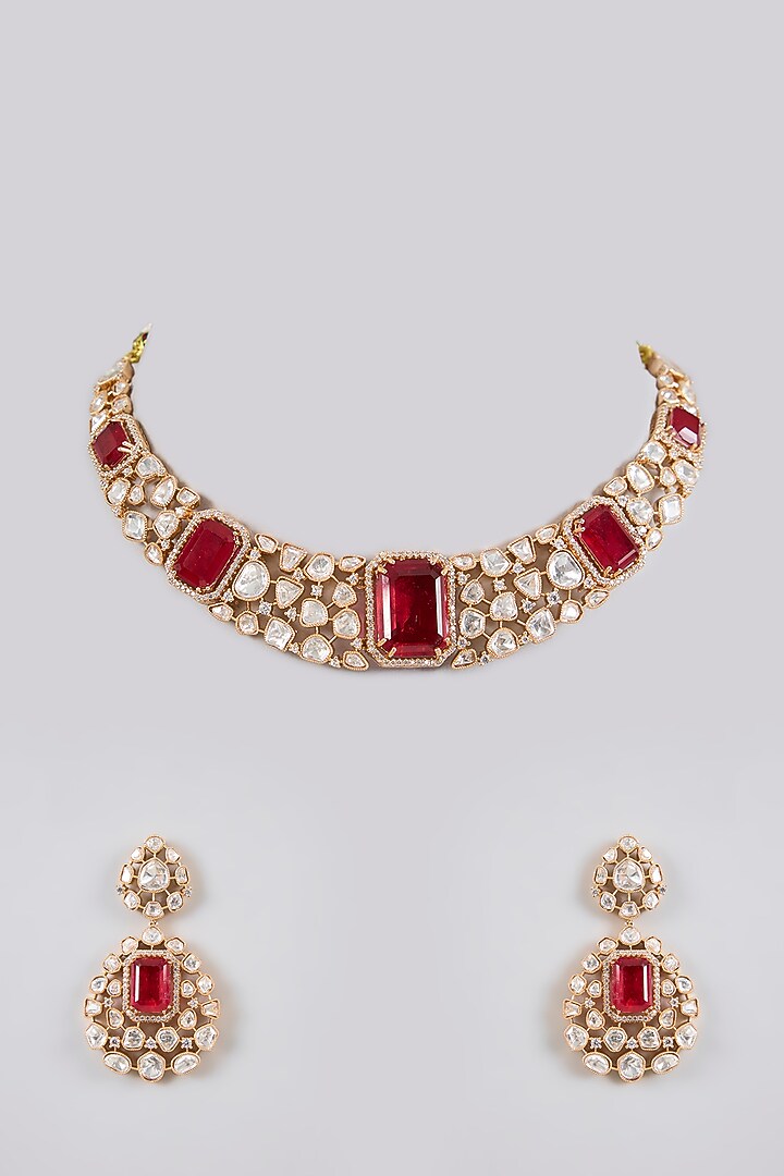 Gold Finish Kundan Polki & Red Stone Necklace Set by Zevar By Geeta at Pernia's Pop Up Shop