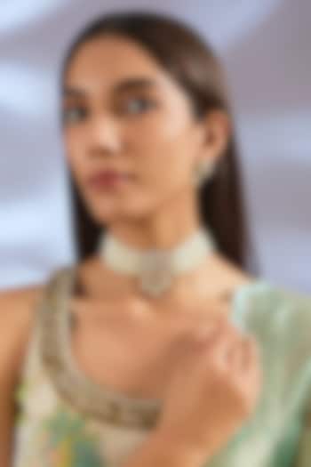 Gold Finish Kundan Polki & Pearl Choker Necklace Set by Zevar By Geeta at Pernia's Pop Up Shop