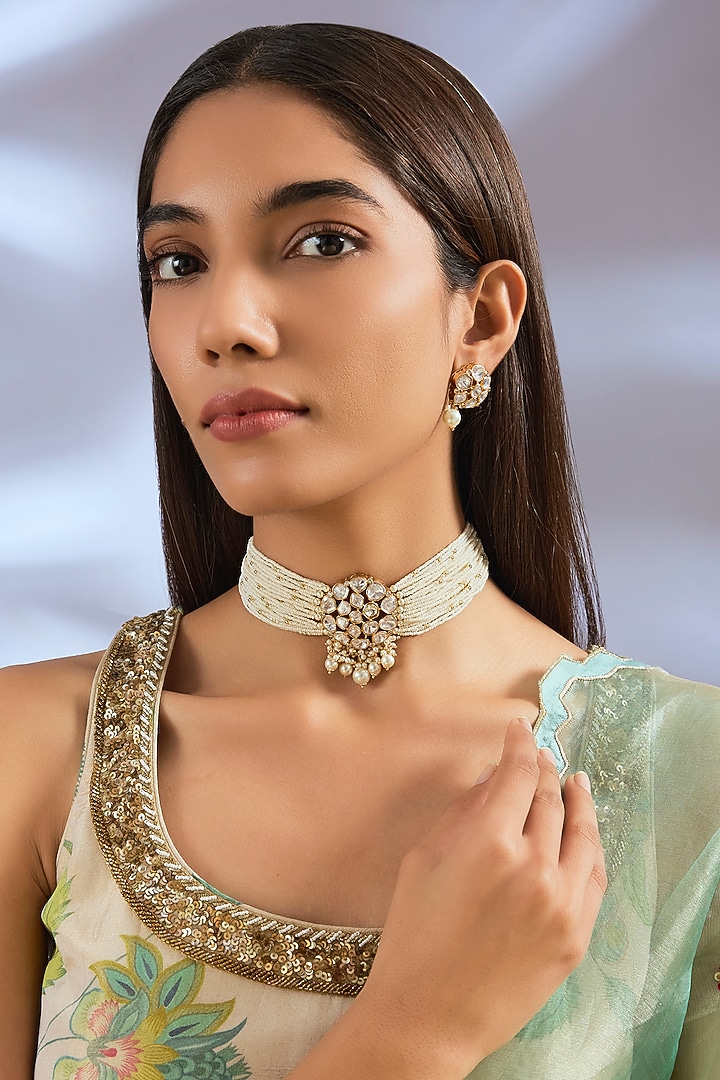 Gold Finish Kundan Polki & Pearl Choker Necklace Set by Zevar By Geeta at Pernia's Pop Up Shop