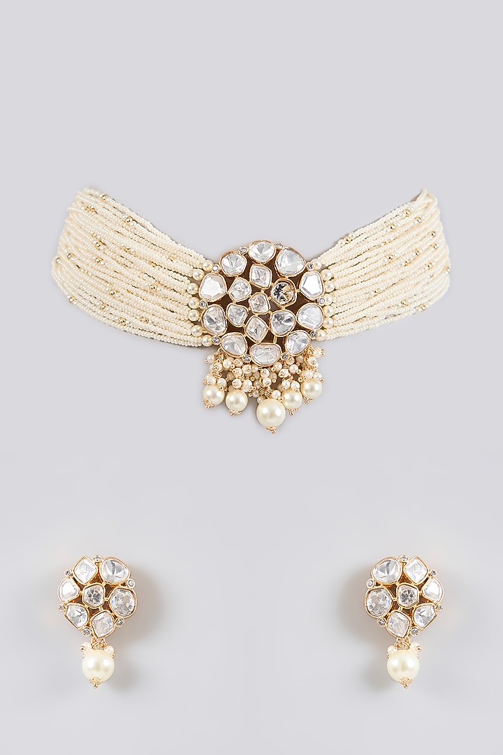 Gold Finish Kundan Polki & Pearl Choker Necklace Set by Zevar By Geeta at Pernia's Pop Up Shop