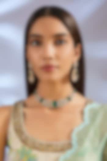 Gold Finish Kundan Polki & Green Stone Necklace Set by Zevar By Geeta at Pernia's Pop Up Shop
