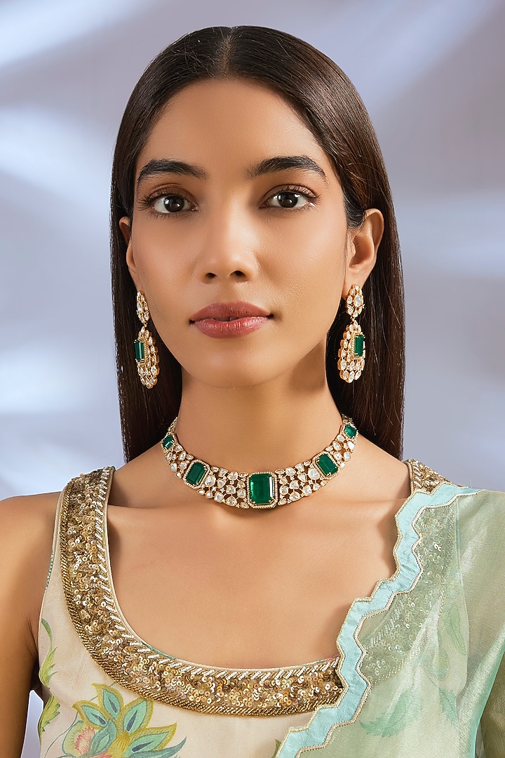 Gold Finish Kundan Polki & Green Stone Necklace Set by Zevar By Geeta at Pernia's Pop Up Shop