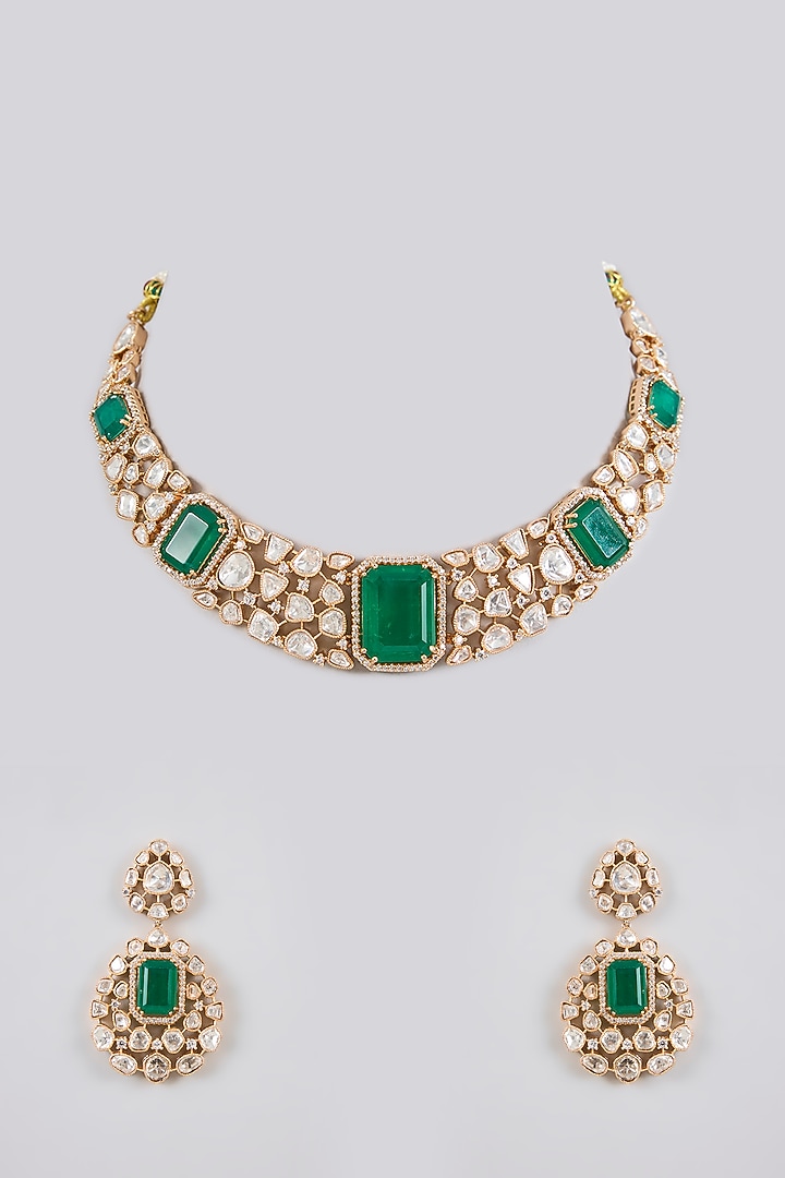 Gold Finish Kundan Polki & Green Stone Necklace Set by Zevar By Geeta at Pernia's Pop Up Shop
