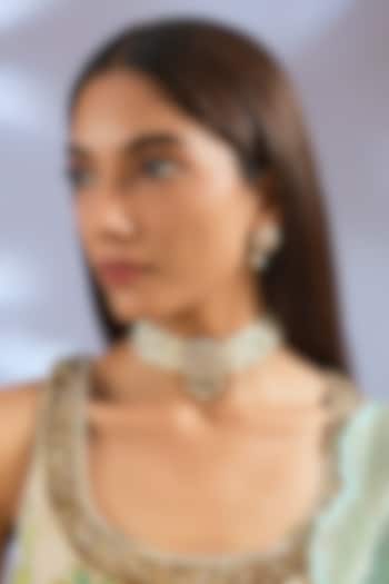 Gold Finish Green Kundan Polki & Pearl Choker Necklace Set by Zevar By Geeta at Pernia's Pop Up Shop