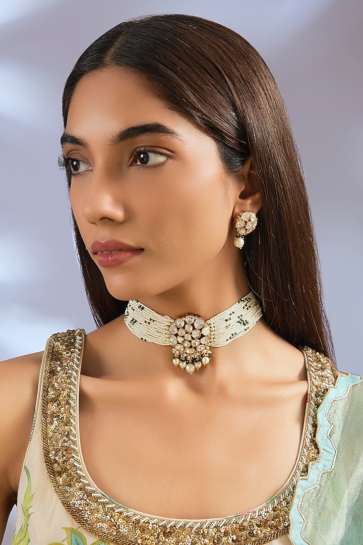 Gold Finish Green Kundan Polki & Pearl Choker Necklace Set by Zevar By Geeta at Pernia's Pop Up Shop