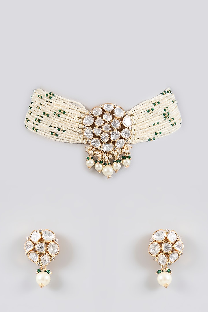 Gold Finish Green Kundan Polki & Pearl Choker Necklace Set by Zevar By Geeta at Pernia's Pop Up Shop