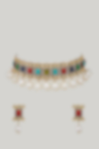 Gold Plated Kundan Polki & Navratna Choker Necklace Set by Zevar By Geeta at Pernia's Pop Up Shop