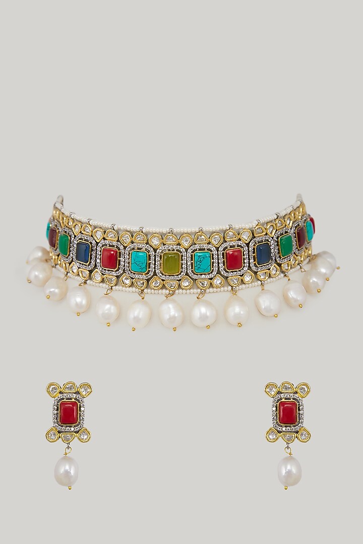 Gold Plated Kundan Polki & Navratna Choker Necklace Set by Zevar By Geeta at Pernia's Pop Up Shop
