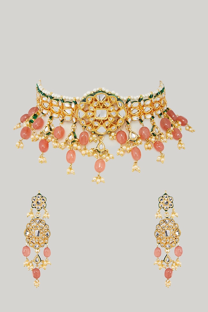 Gold Plated Kundan Choker Necklace Set by Zevar By Geeta
