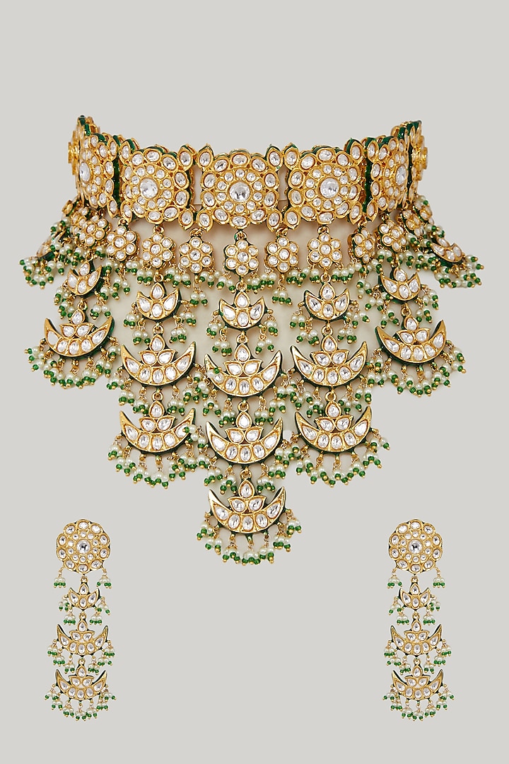 Gold Plated Bridal Kundan Polki Choker Necklace Set by Zevar By Geeta