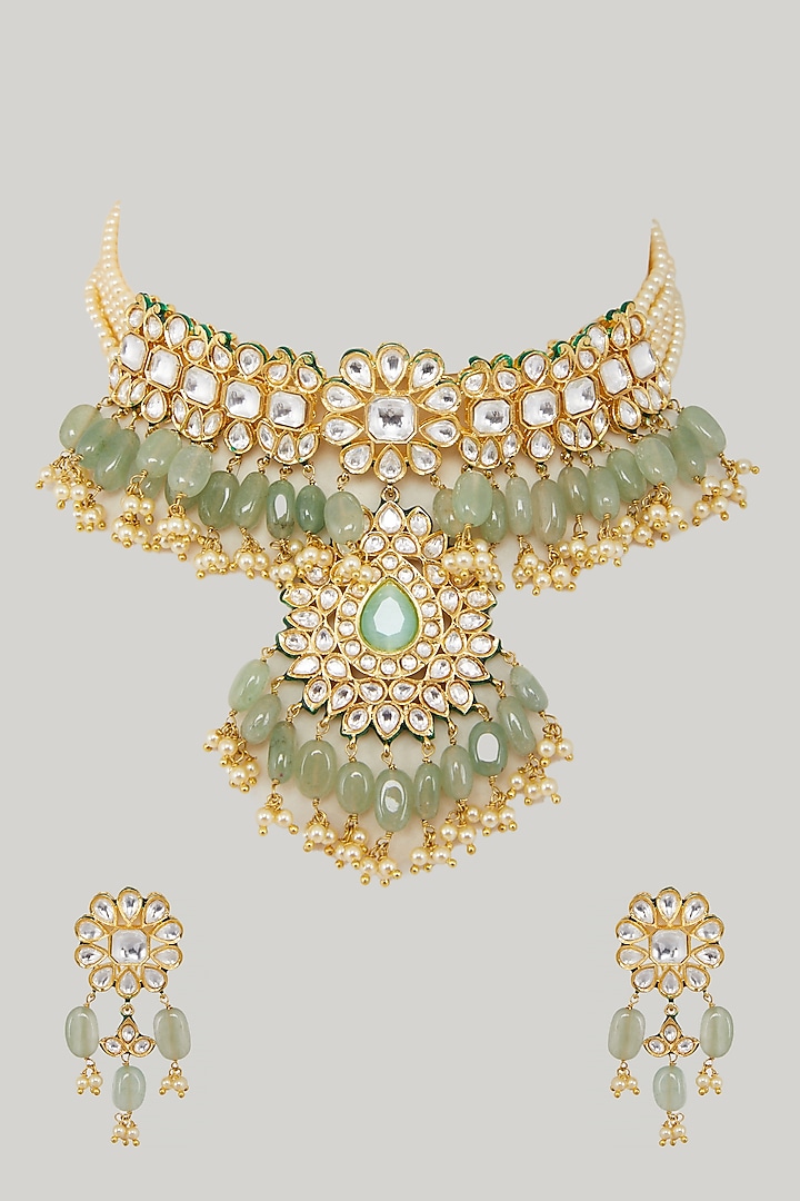 Gold Plated Green Beaded Necklace Set by Zevar By Geeta