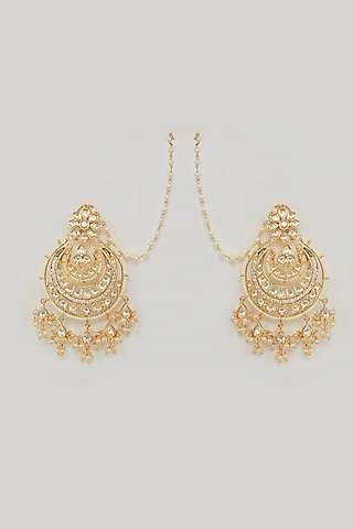 Gold Plated Kundan & Pearl Chandbali Earrings by Zevar By Geeta