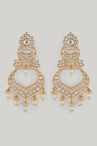 Gold Plated Kundan & Pearl Chandbali Earrings by Zevar By Geeta