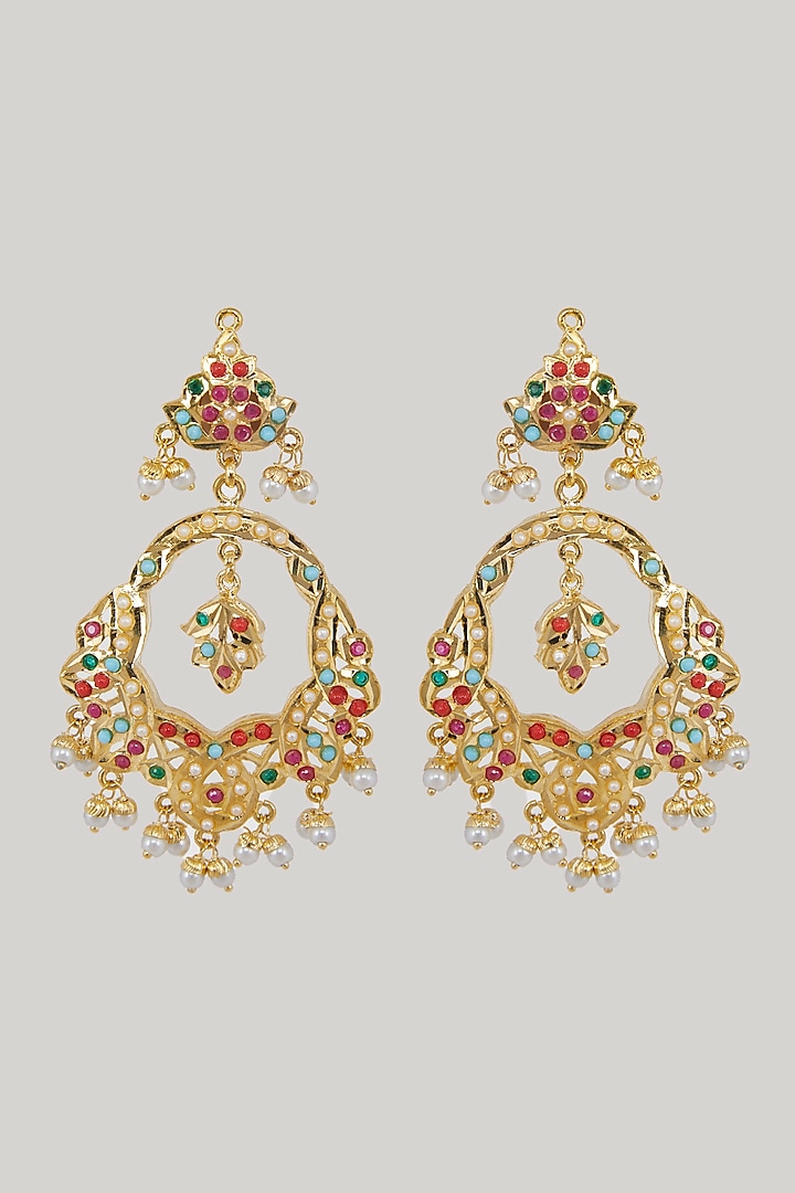 Gold Plated Pearl & Stones Chandbali Earrings by Zevar By Geeta