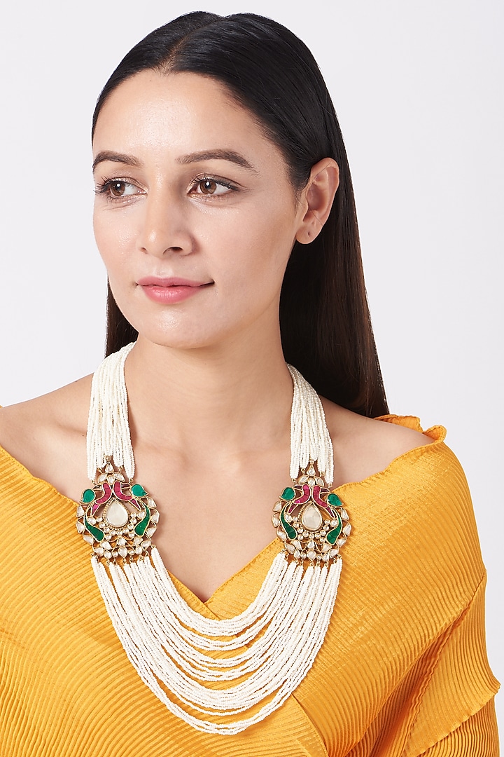 Gold Plated Pearl & Kundan Polki Necklace In 92.5 Sterling Silver by Zevar By Geeta at Pernia's Pop Up Shop