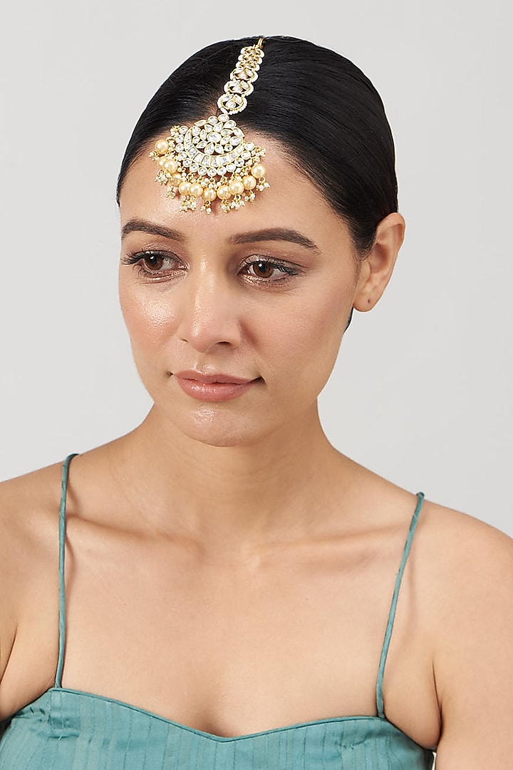 Gold Finish Kundan Polki & Pearl Maangtikka by Zevar by Geeta at Pernia's Pop Up Shop