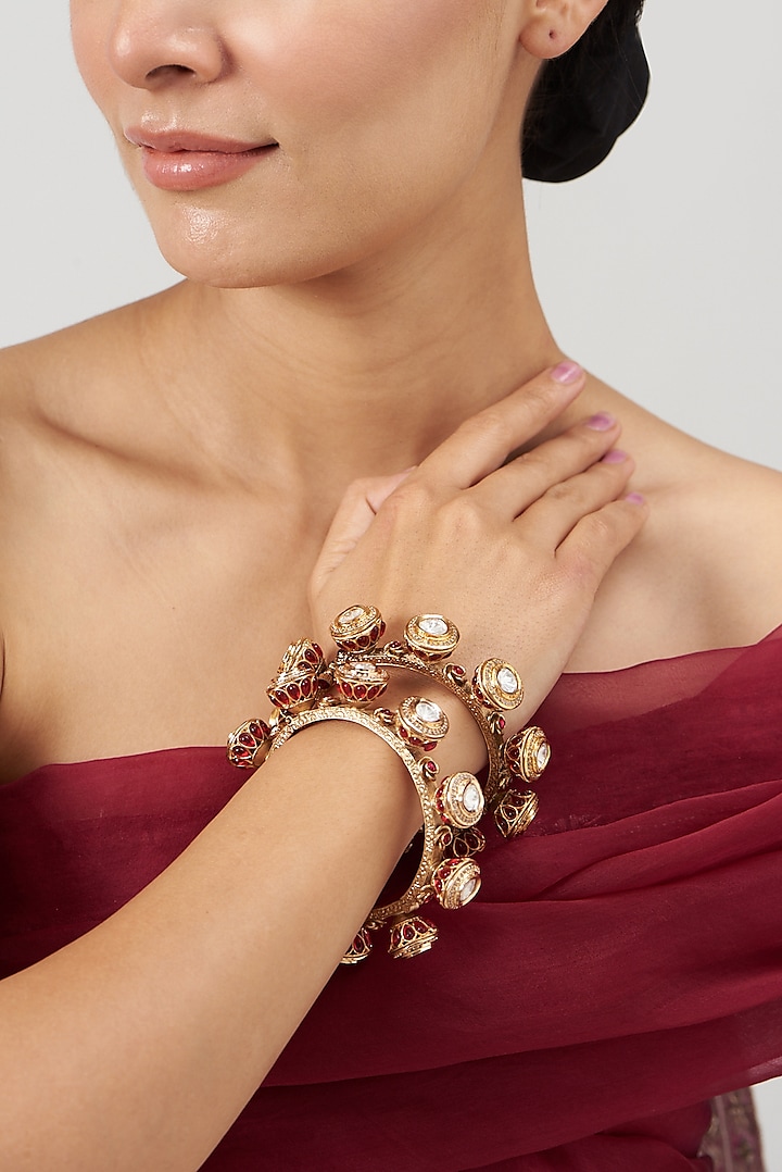 Gold Finish Kundan Polki Bangles (Set of 2) by Zevar by Geeta at Pernia's Pop Up Shop