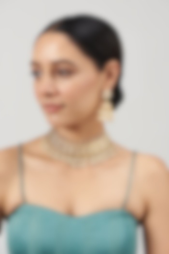 Gold Finish Kundan Polki & Beaded Choker Necklace Set by Zevar by Geeta at Pernia's Pop Up Shop