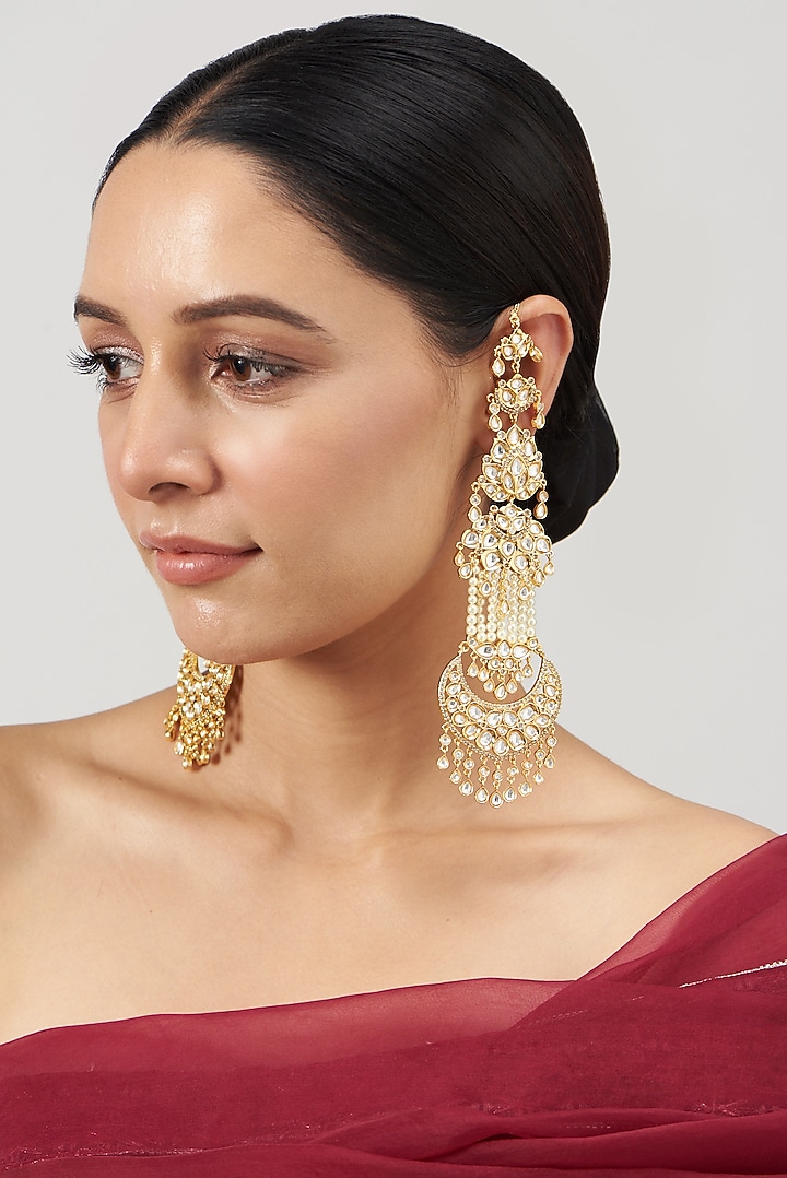 Gold Finish Kundan Polki Earrings by Zevar by Geeta at Pernia's Pop Up Shop