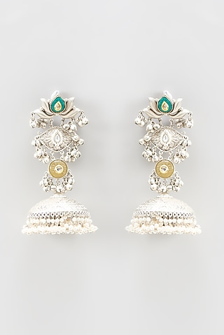 Oxidized Finish Colored Stone & Pearl Jhumka Earrings by Zevar by Geeta