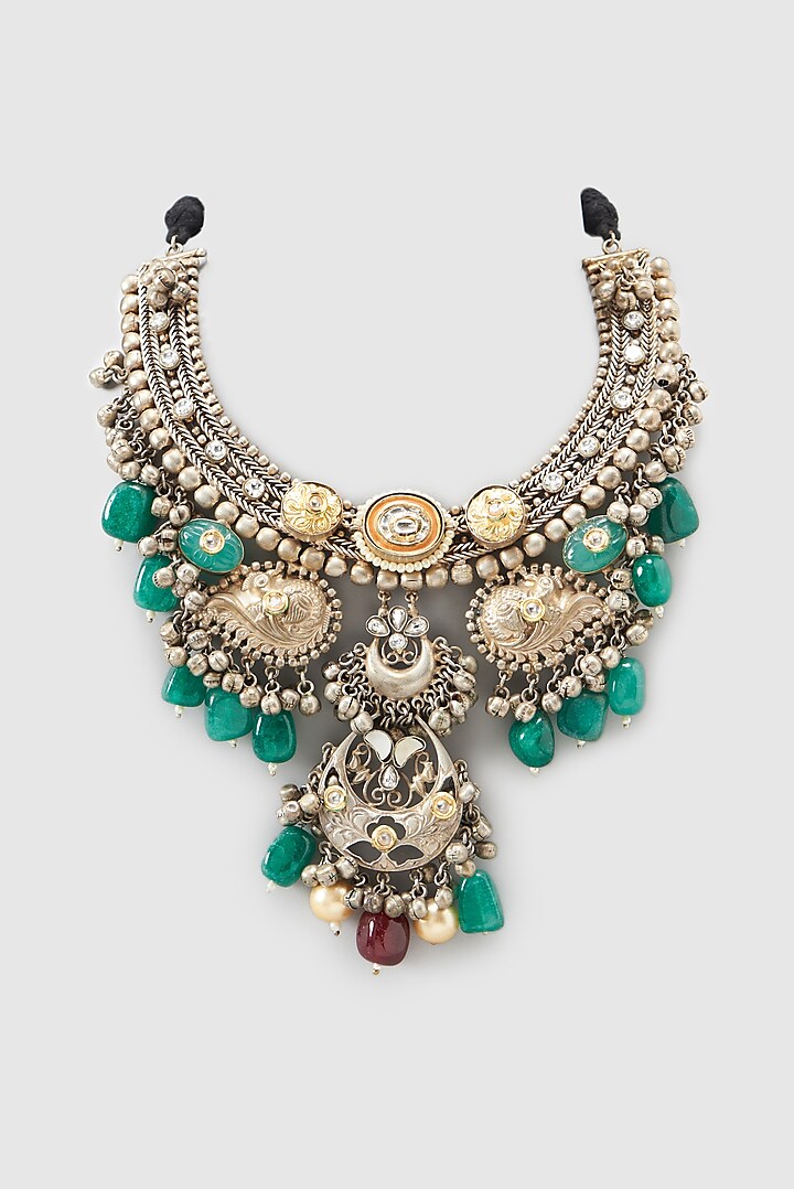Oxidized Finish Necklace With Multi-Colored Stones by Zevar by Geeta