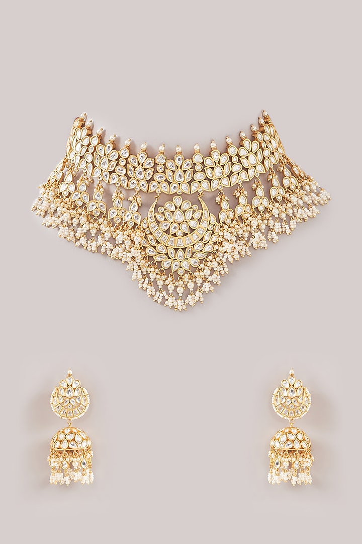 Gold Plated Kundan Polki & Pearl Choker Necklace Set by Zevar By Geeta at Pernia's Pop Up Shop