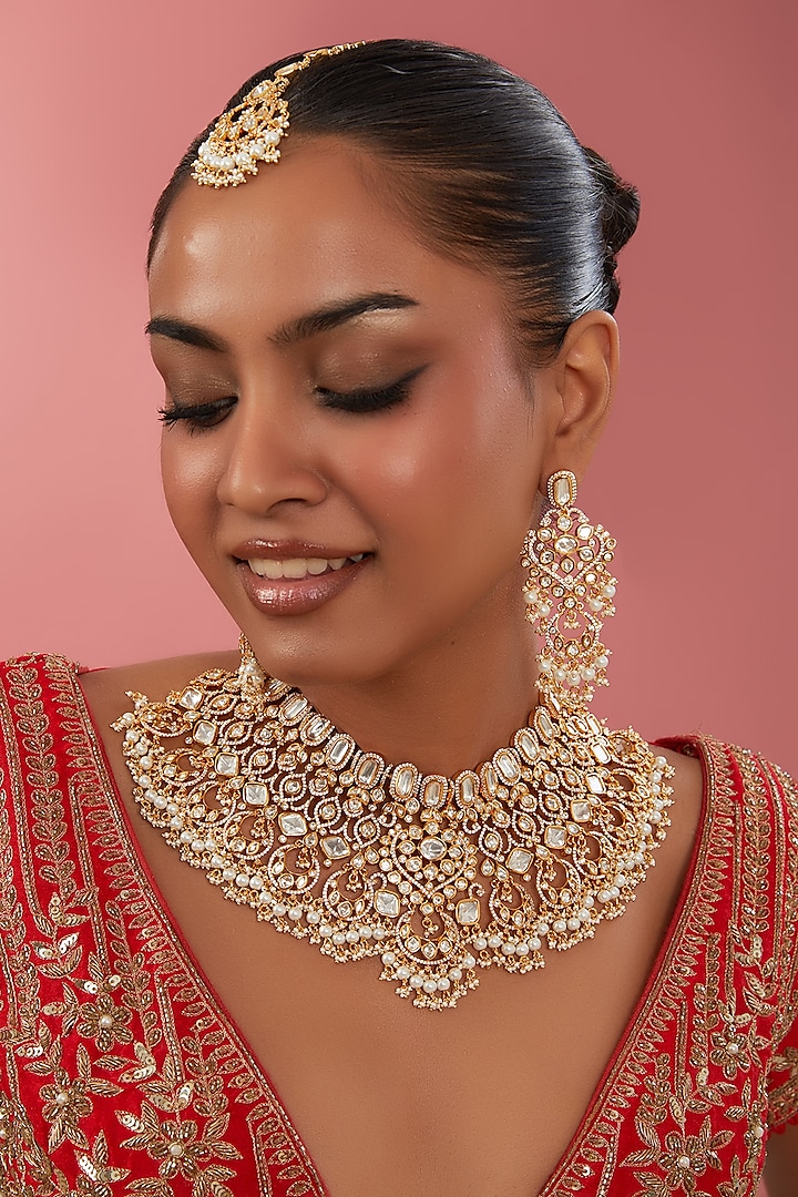Gold Finish Kundan Polki & Pearl Necklace Set by Zevar By Geeta