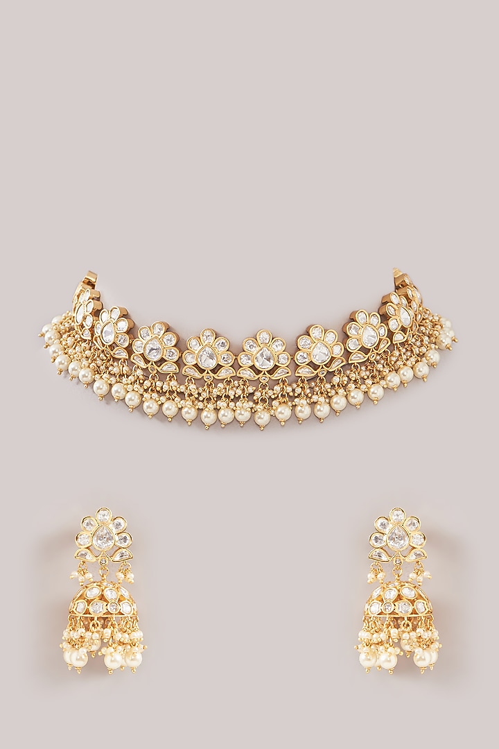 Gold Plated Kundan Polki & Pearl Choker Necklace Set by Zevar By Geeta at Pernia's Pop Up Shop