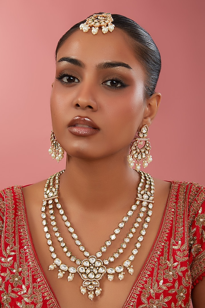 Gold Finish Kundan Polki Necklace Set by Zevar By Geeta at Pernia's Pop Up Shop