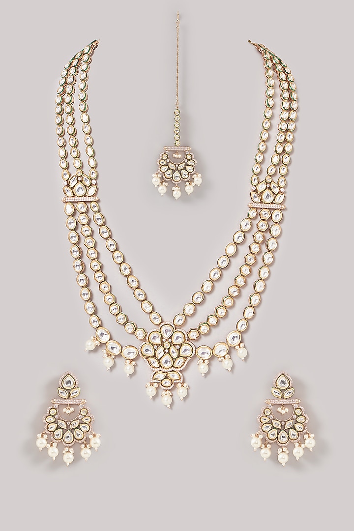 Gold Finish Kundan Polki Necklace Set by Zevar By Geeta at Pernia's Pop Up Shop