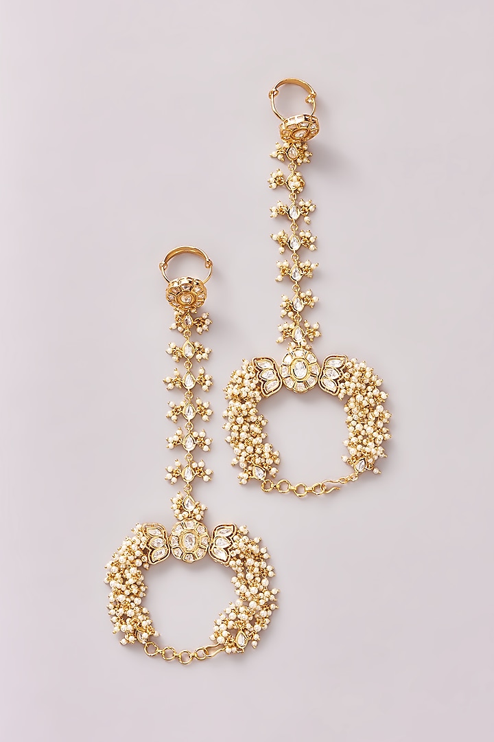 Gold Finish Kundan Polki & Pearl Hathphools (Set of 2) by Zevar By Geeta at Pernia's Pop Up Shop