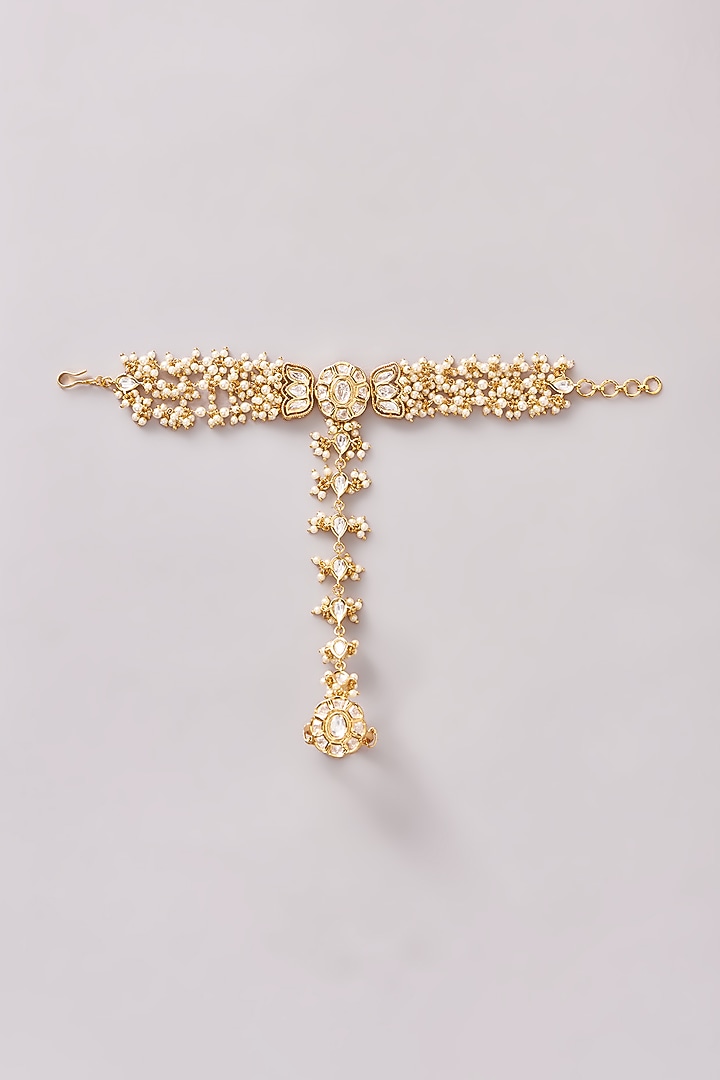 Gold Finish Kundan Polki & Pearl Hathphools (Set of 2) by Zevar By Geeta at Pernia's Pop Up Shop