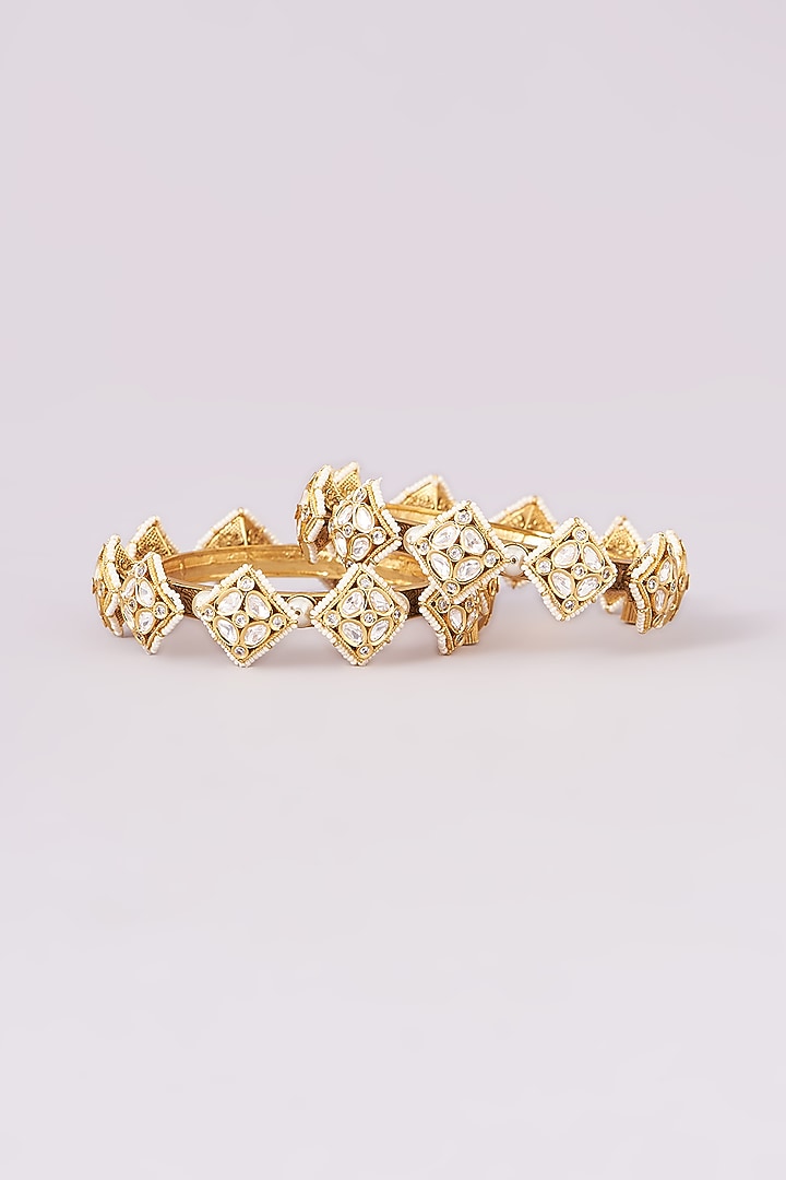 Gold Finish Kundan Polki Bangles (Set of 2) by Zevar By Geeta at Pernia's Pop Up Shop