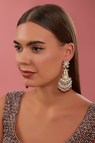 Black Rhodium Finish Kundan Polki & Red Pearl Drop Dangler Earrings by Zevar By Geeta