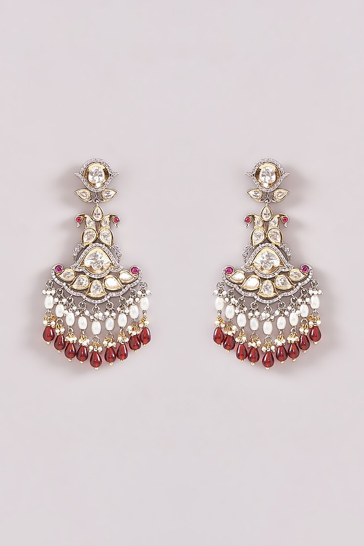 Black Rhodium Finish Kundan Polki & Red Pearl Drop Dangler Earrings by Zevar By Geeta at Pernia's Pop Up Shop