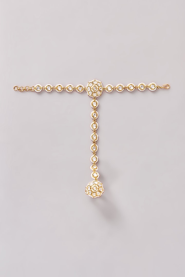 Gold Finish Kundan Polki & Pearl Hathphools (Set of 2) by Zevar By Geeta at Pernia's Pop Up Shop