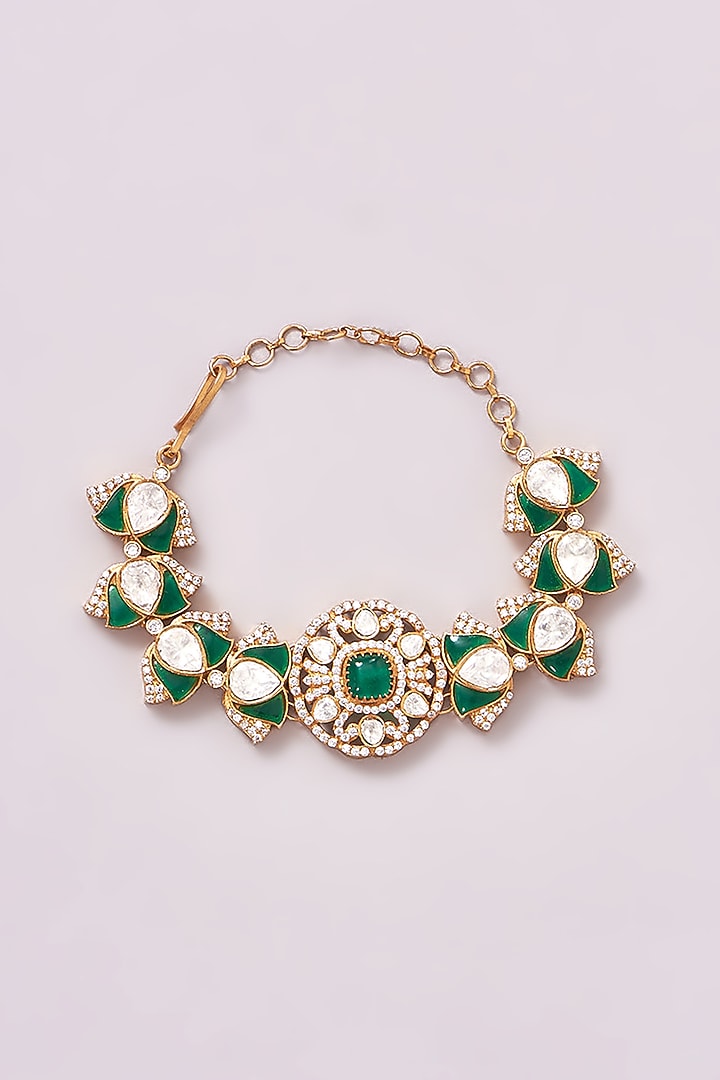 Gold Finish Kundan Polki & Green Stone Bracelet by Zevar By Geeta at Pernia's Pop Up Shop