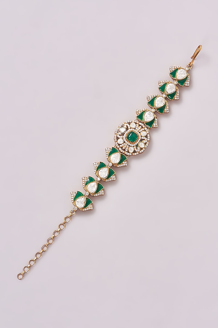 Gold Finish Kundan Polki & Green Stone Bracelet by Zevar By Geeta at Pernia's Pop Up Shop
