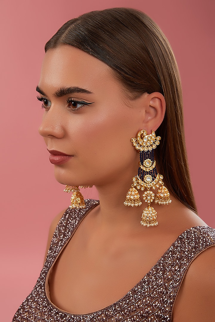 Gold Finish Kundan Polki & Pearl Jhumka Earrings by Zevar By Geeta at Pernia's Pop Up Shop