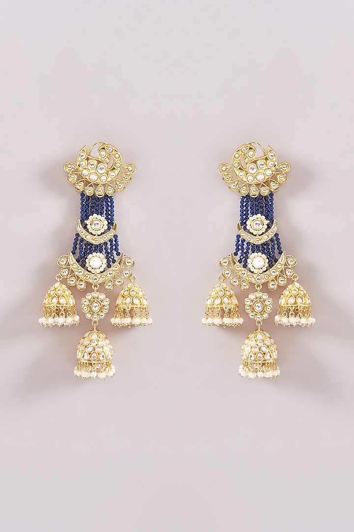 Gold Finish Kundan Polki & Pearl Jhumka Earrings by Zevar By Geeta at Pernia's Pop Up Shop