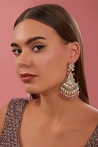 Black Rhodium Finish Kundan Polki & Pink Pearl Drop Dangler Earrings by Zevar By Geeta