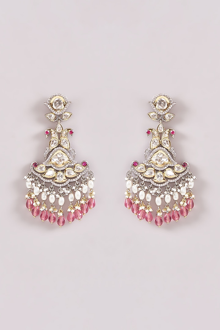Black Rhodium Finish Kundan Polki & Pink Pearl Drop Dangler Earrings by Zevar By Geeta at Pernia's Pop Up Shop